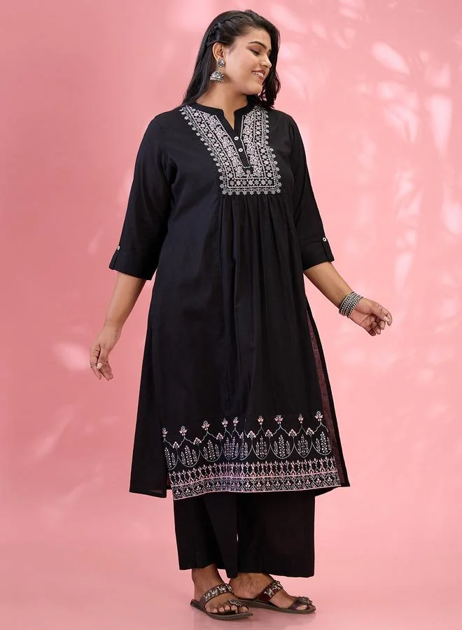 globus Globus Plus Size Black Embroidered Yoke Kurta and Pants Set