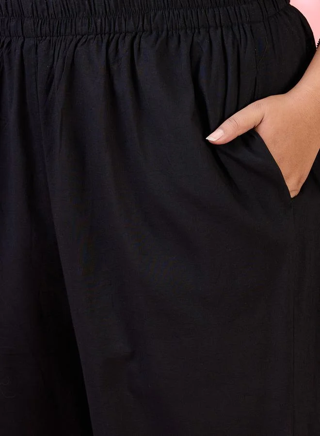 globus Globus Plus Size Black Embroidered Yoke Kurta and Pants Set