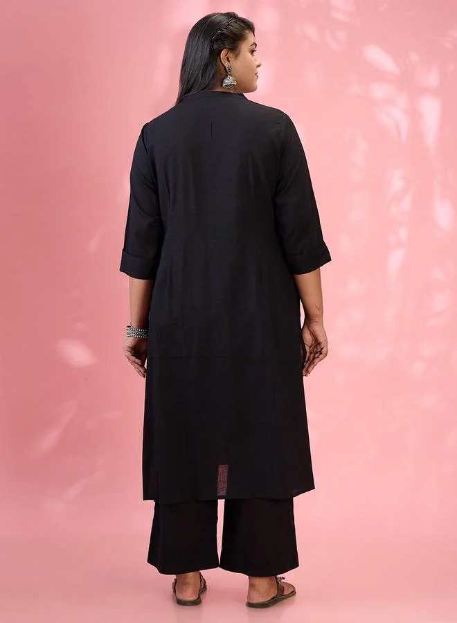 globus Globus Plus Size Black Embroidered Yoke Kurta and Pants Set