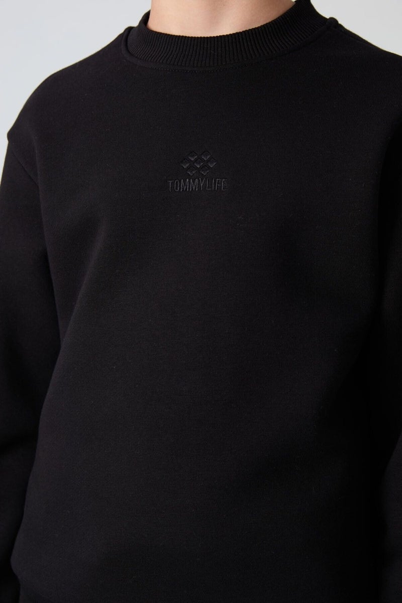 Tommy Life Black Cotton Thick Fluffy Soft Texture Standard Fit Embroidered Boy's Sweatshirt - 11232  - Image 2