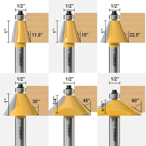 XDENGP 6Pcs Chamfer Router Bits Set 1/2 Inch Shank Carbide Edge Forming Bevel Router Bit with Bearing, Chamfer Bit Miter Angle Milling Cutters Tool, 11.25, 15, 22.5, 30, 45, 60 Degree - Image 2