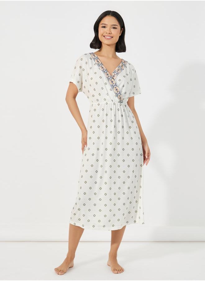 Styli Geo & Lace Trim Wrap Front Nightdress  - Image 1