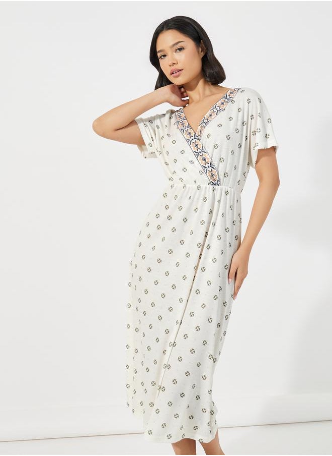 Styli Geo & Lace Trim Wrap Front Nightdress  - Image 2