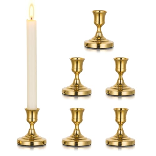 Inweder Gold Taper Candle Holder Vintage Small Candlestick Holders Metal Candle Sticks Holder Decor Antique Decoration for Dinning Table Mantel Wedding Centerpieces Christmas Party Set of 6 - Image 1