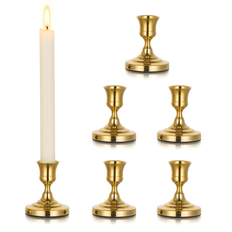 Inweder Gold Taper Candle Holder Vintage Small Candlestick Holders Metal Candle Sticks Holder Decor Antique Decoration for Dinning Table Mantel Wedding Centerpieces Christmas Party Set of 6 - Image 2