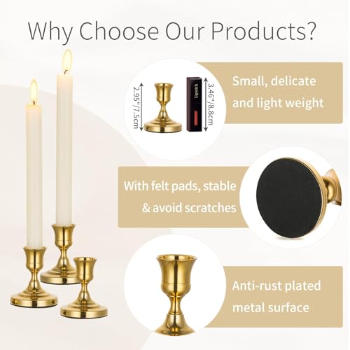 Inweder Gold Taper Candle Holder Vintage Small Candlestick Holders Metal Candle Sticks Holder Decor Antique Decoration for Dinning Table Mantel Wedding Centerpieces Christmas Party Set of 6 - Image 3
