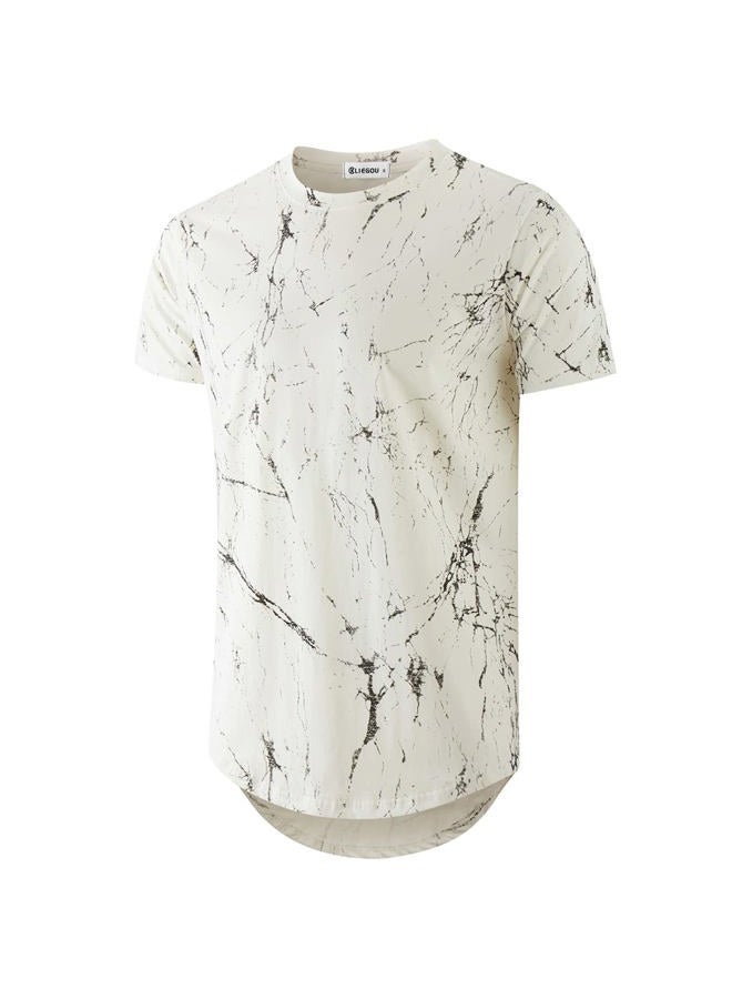 KLIEGOU Mens Hipster Hip Hop Ripped Round Hemline Pattern Print T Shirt (86SH White L) - Image 1