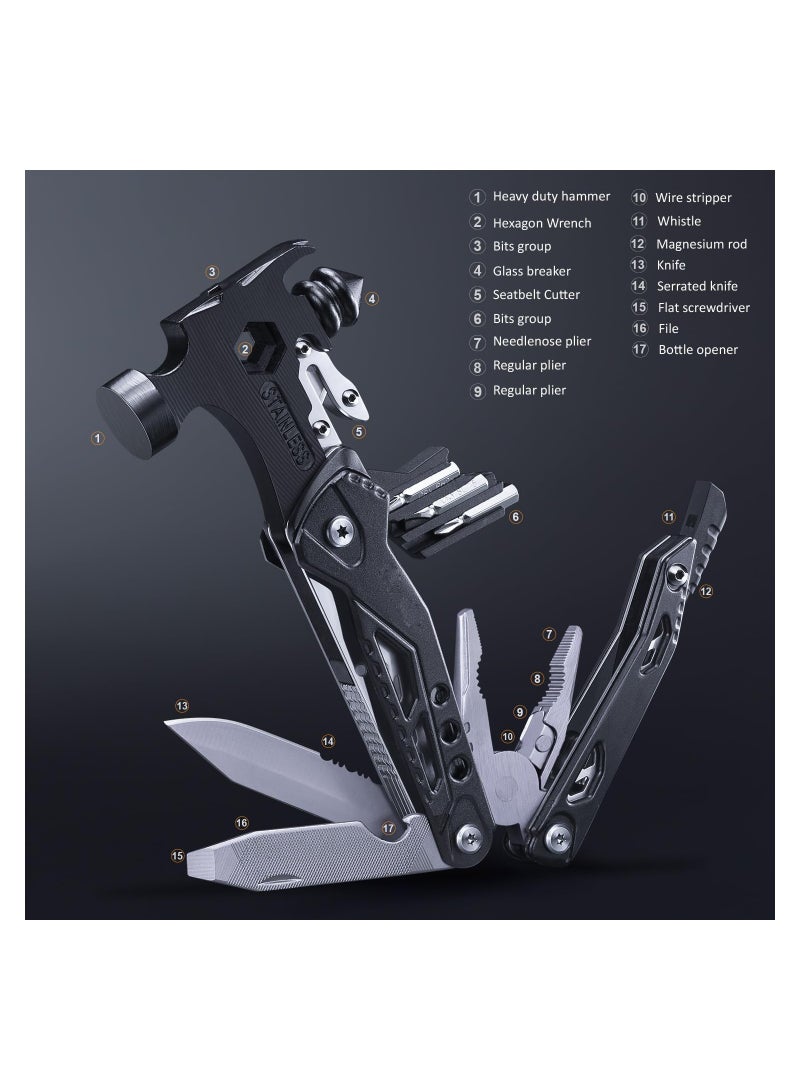 17-in-1 Mini Hammer Multitool with Pocket Clip & Cut-Resistant Gloves - Perfect Father's Day Gift for Husband or Boyfriend, Essential Survival Gear, Compact Size 6.41"×2.83"×1" - Image 2
