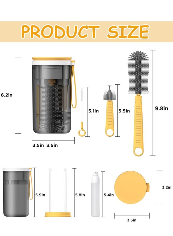 Sharpdo Portable Bottle Brush Cleaner Set, Travel Bottle Cleaner Kit for Baby with Silicone Bottle, Nipple and Straw Brush, Stirring Head, Soap Dispenser, Drying Rack and Storage Box, Yellow - Image 2