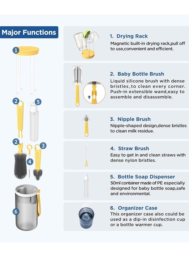Sharpdo Portable Bottle Brush Cleaner Set, Travel Bottle Cleaner Kit for Baby with Silicone Bottle, Nipple and Straw Brush, Stirring Head, Soap Dispenser, Drying Rack and Storage Box, Yellow - Image 3
