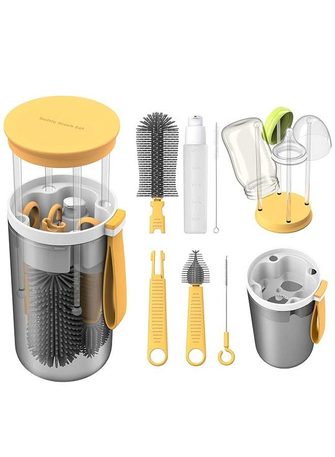 Sharpdo Portable Bottle Brush Cleaner Set, Travel Bottle Cleaner Kit for Baby with Silicone Bottle, Nipple and Straw Brush, Stirring Head, Soap Dispenser, Drying Rack and Storage Box, Yellow - Image 1