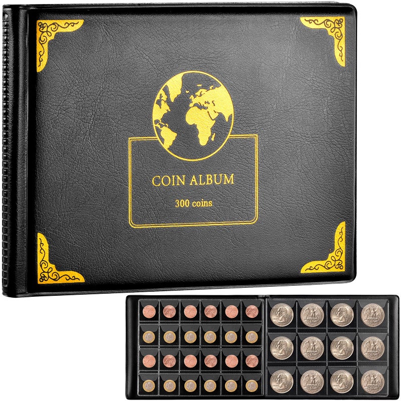 Aptbyte Coin Collection Supplies Holder Book for Collectors, 300 Pockets Coin Collection Organizer Storage Box Case Album for 20/25/ 27/30/ 38mm Coin (Earth pattern black) - Image 1