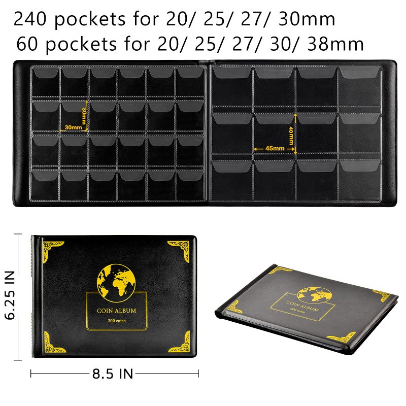 Aptbyte Coin Collection Supplies Holder Book for Collectors, 300 Pockets Coin Collection Organizer Storage Box Case Album for 20/25/ 27/30/ 38mm Coin (Earth pattern black) - Image 2