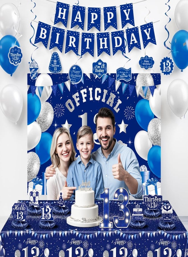 gobutend 13th Birthday Decorations for Boys, Official Teenager Party Supply Set, Blue Silver Happy Birthday Banner Backdrop Tablecloth, Honeycomb Centerpieces, Blue Marquee Lights Number 13 Sign - Image 2