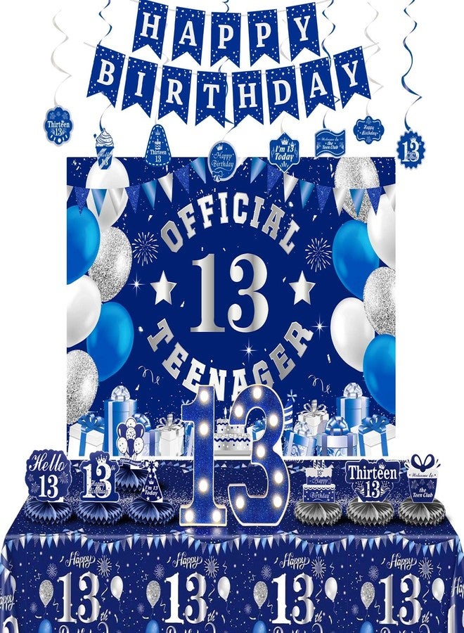 gobutend 13th Birthday Decorations for Boys, Official Teenager Party Supply Set, Blue Silver Happy Birthday Banner Backdrop Tablecloth, Honeycomb Centerpieces, Blue Marquee Lights Number 13 Sign - Image 1