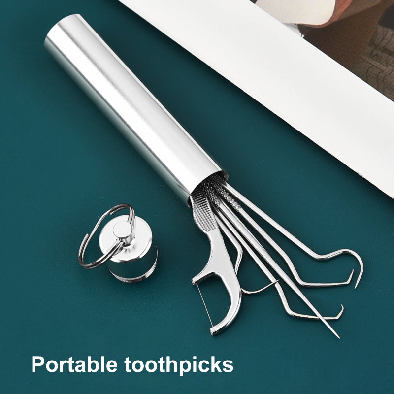304 stainless steel toothpick set dental floss metal teeth picking portable storage tube oral dental care cleaning tools single crochet hook - Image 5