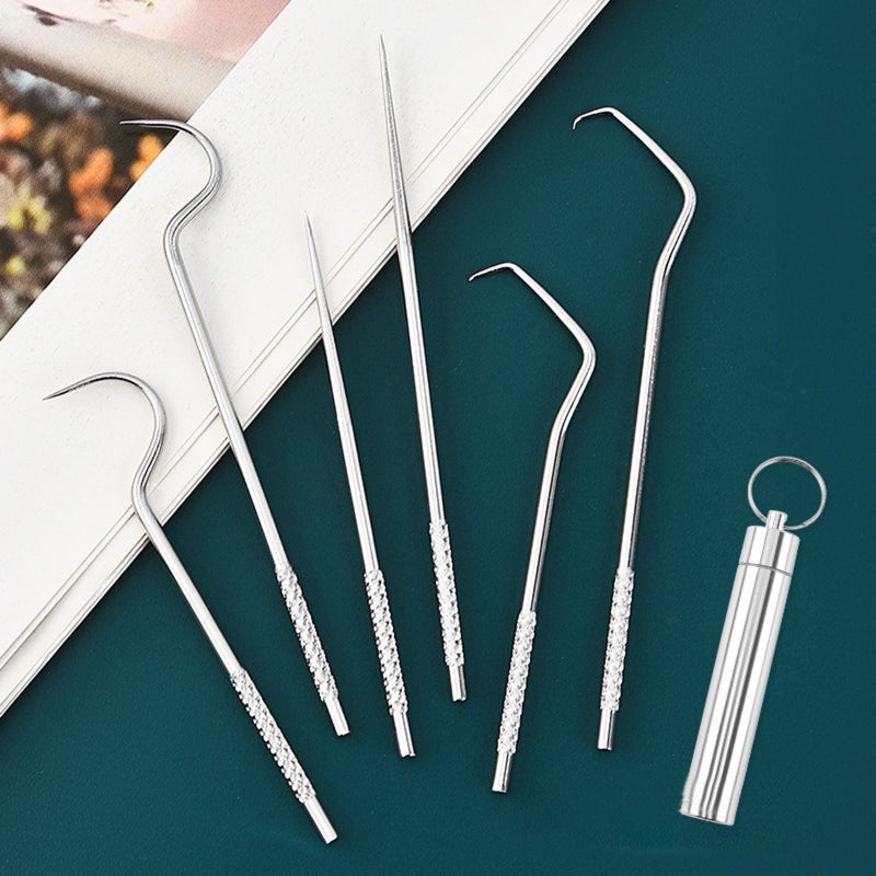 304 stainless steel toothpick set dental floss metal teeth picking portable storage tube oral dental care cleaning tools single crochet hook - Image 4