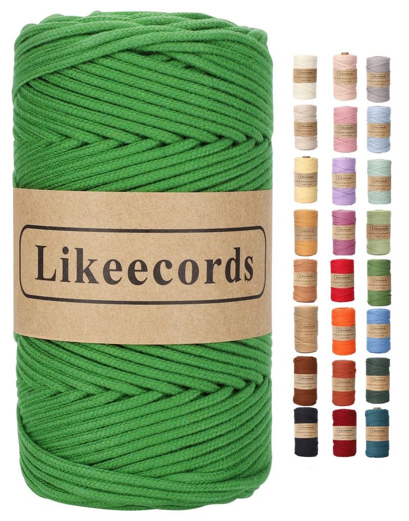 Braided Cotton Cord 3mm109 Yards Natural Macrame Cotton Cord Bohemia Macrame Rope for Handmade Plant Hangers Wall Grass Green