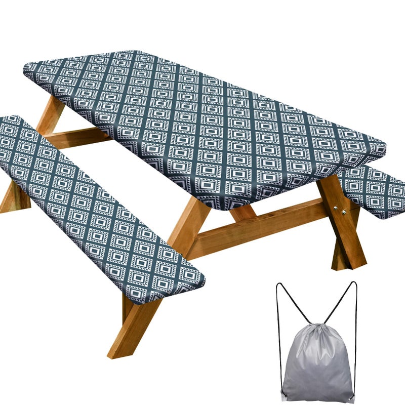 Play Tailor Picnic Table Cover with Bench Covers Camping Essentials Waterproof Windproof Camping Tablecloth with Drawstring Bag, Fitted Rectangle Tables and Seats, 72in, Blue Green Plaid - Image 1
