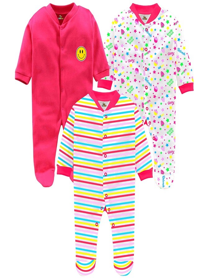 Kidbee Baby Soft Cotton Full Body Sleepsuit/Romper for Boys & Girls (Set of 3) (Rani, 3-6 Months) - Image 1
