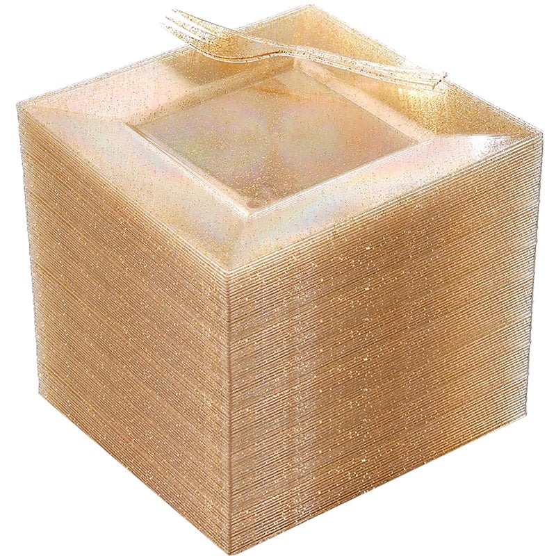 DaYammi 200Pcs Gold Dessert Plates Including 100Pcs Appetizer Plates 6100Pcs Plastic Forks 57Gold Glitter Plastic Square Plate for PartyGold Salad Plate and Cake Forks for Party Wedding - Image 3