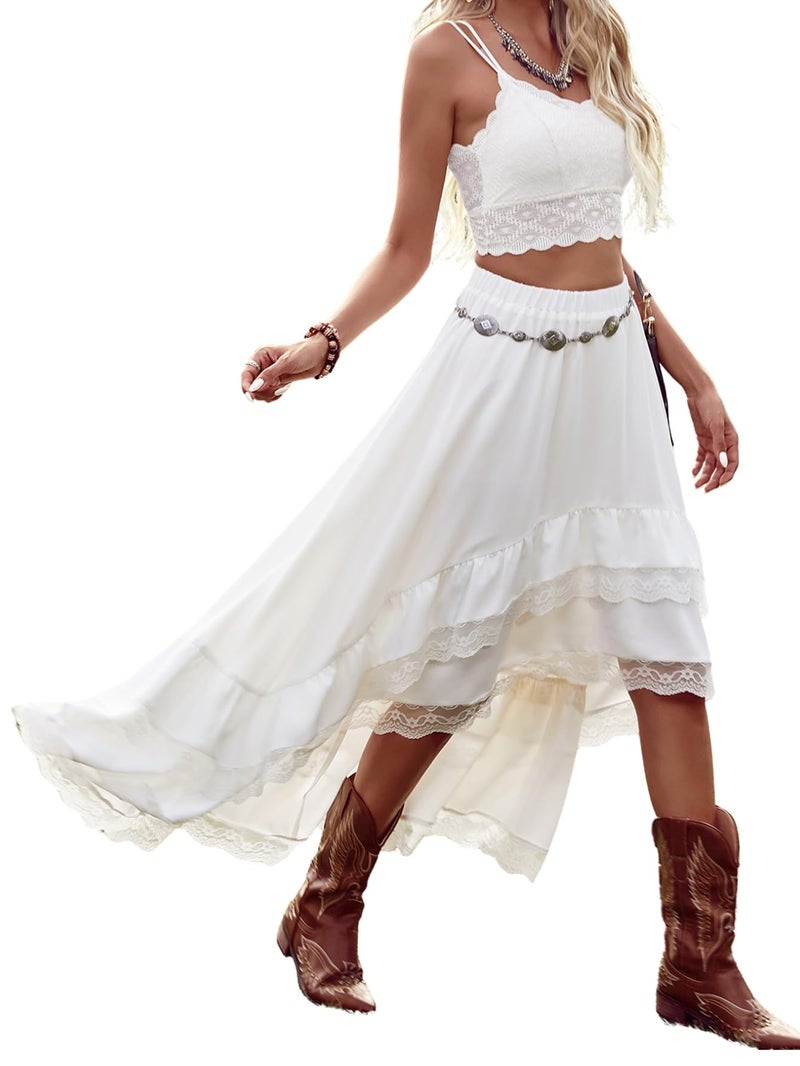 Verdusa Women's Western Boho Lace Ruffle Skirt Asymmetrical Country Cowgirl Skirts White Large - Image 1