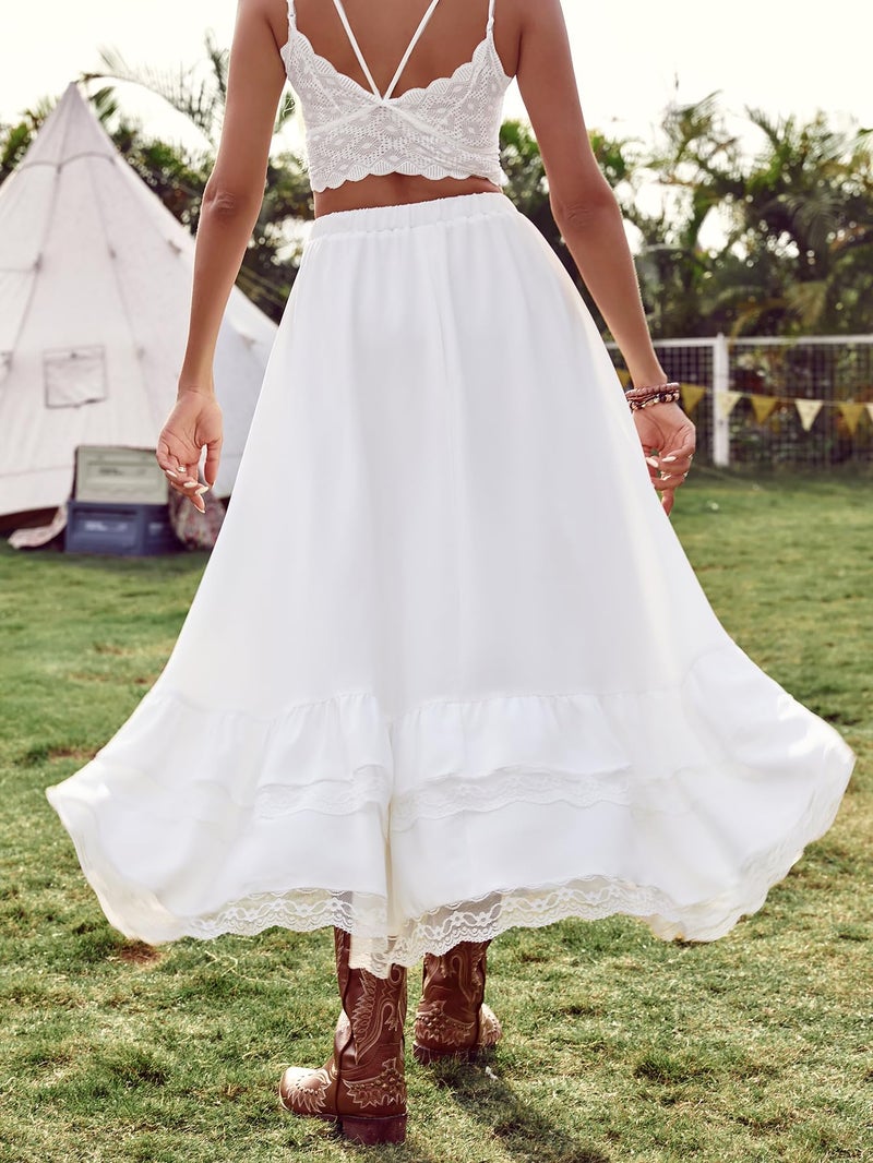 Verdusa Women's Western Boho Lace Ruffle Skirt Asymmetrical Country Cowgirl Skirts White Large - Image 2