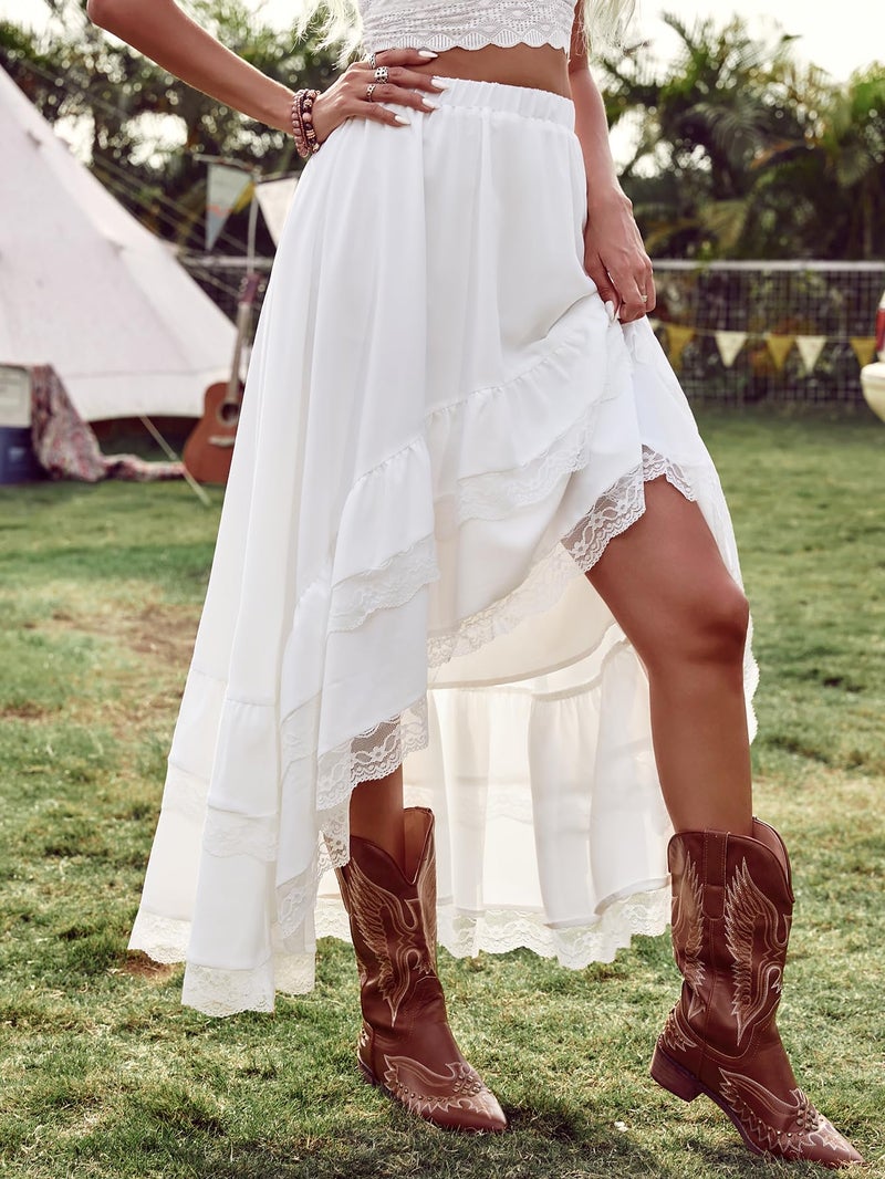 Verdusa Women's Western Boho Lace Ruffle Skirt Asymmetrical Country Cowgirl Skirts White Large - Image 3