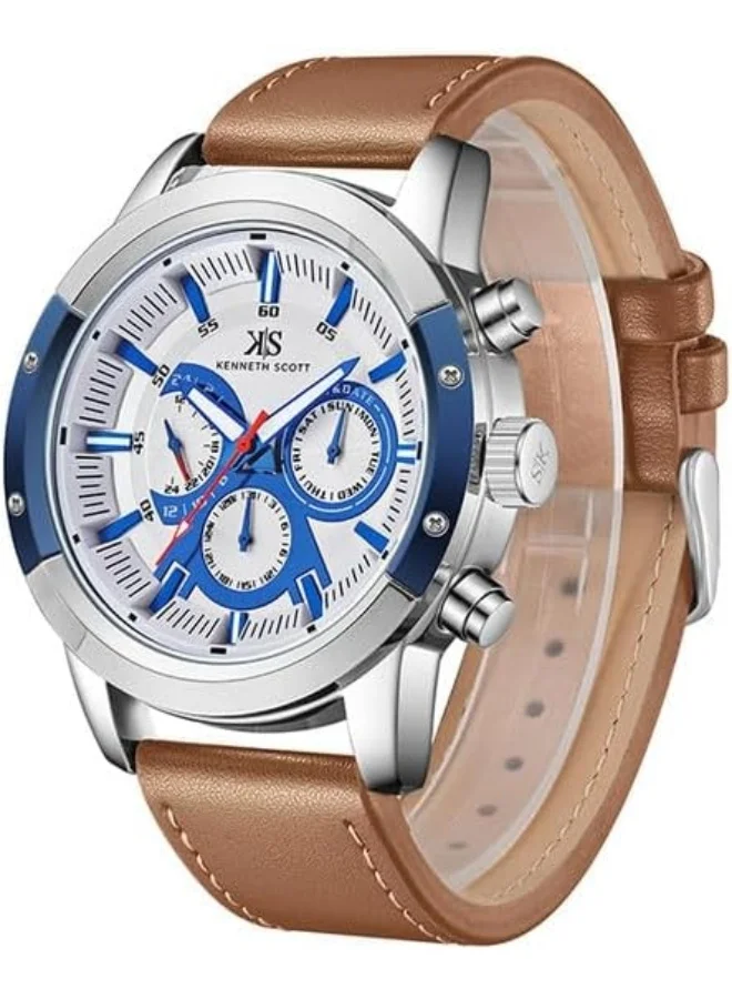 KENNETH SCOTT Kenneth Scott Men's Epson VX9J Movement Watch, Analog Display and Leather Strap - K24121-SLFWN, Brown