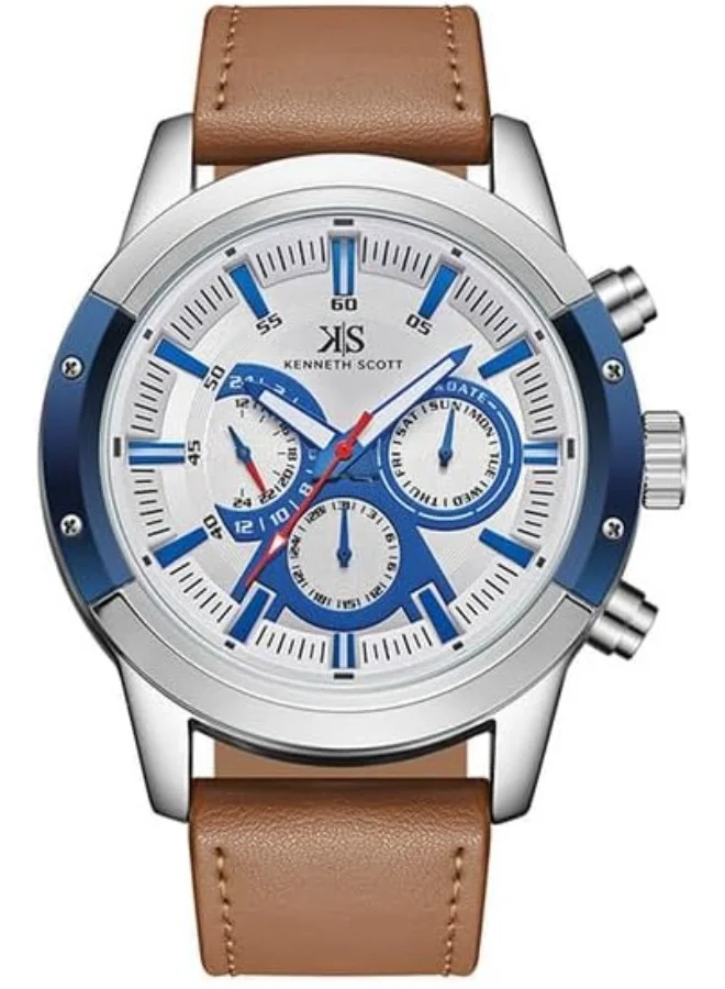 KENNETH SCOTT Kenneth Scott Men's Epson VX9J Movement Watch, Analog Display and Leather Strap - K24121-SLFWN, Brown