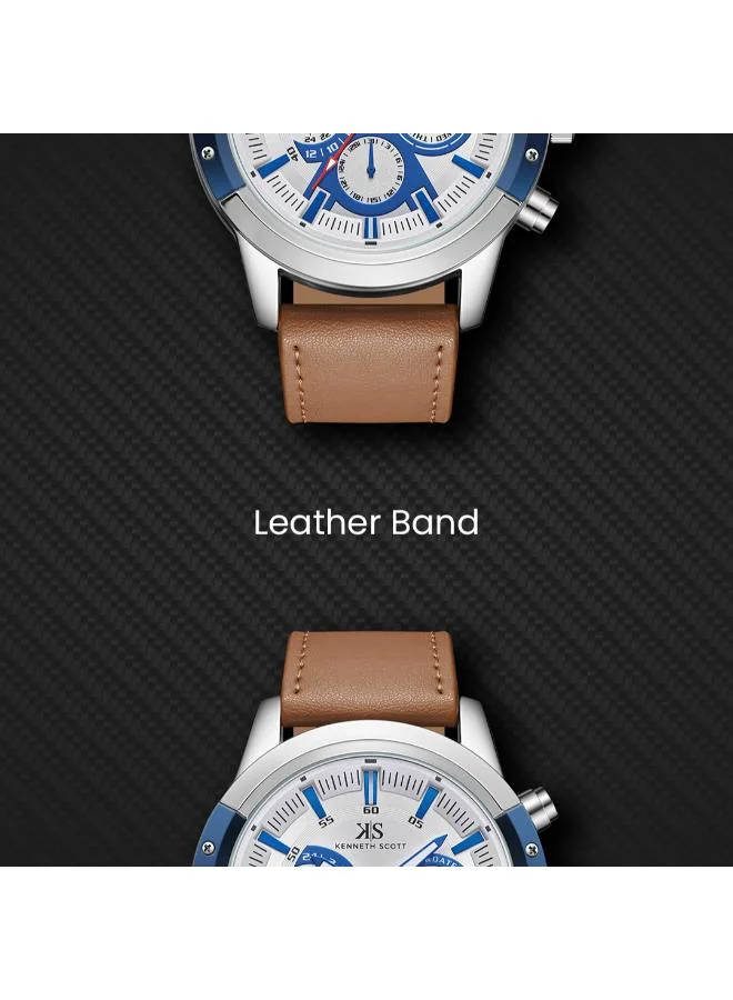 Kenneth Scott white Men's Leather  Analog Watch K24121-SLFWN - 50 mm for Men | Best Price UAE