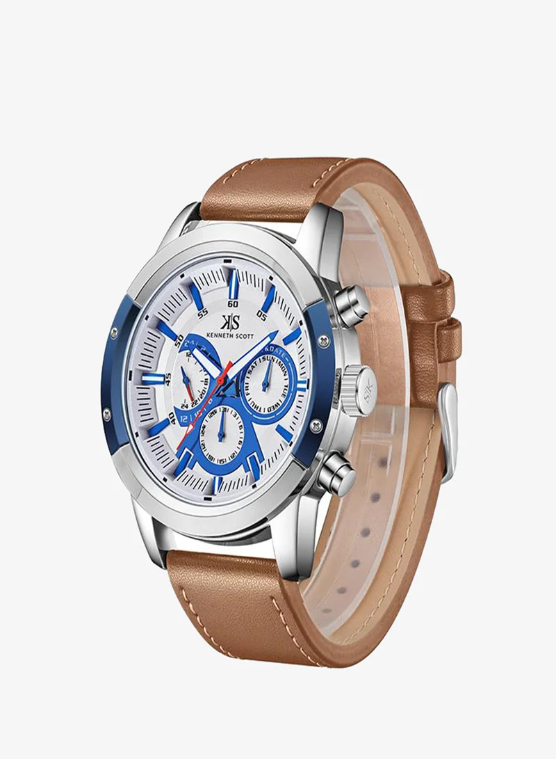 Kenneth Scott white Men's Leather  Analog Watch K24121-SLFWN - 50 mm for Men | Best Price UAE
