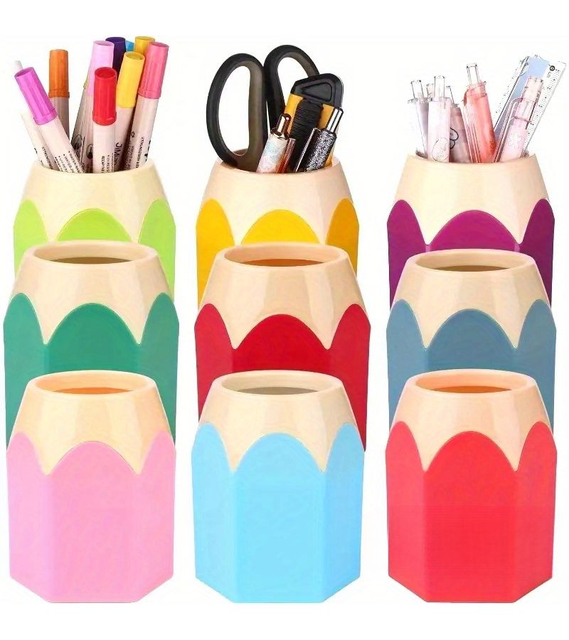 Set Of 12 Random Color Pencil Shaped Desk Organizers Convenient Compartment Storage For Pens And Pencils Fun Cartoon Style Office Supplies For Students And Home - Image 1