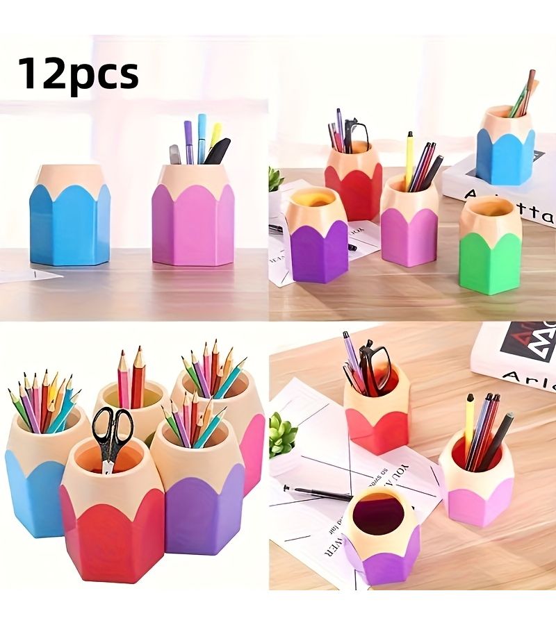 Set Of 12 Random Color Pencil Shaped Desk Organizers Convenient Compartment Storage For Pens And Pencils Fun Cartoon Style Office Supplies For Students And Home - Image 4
