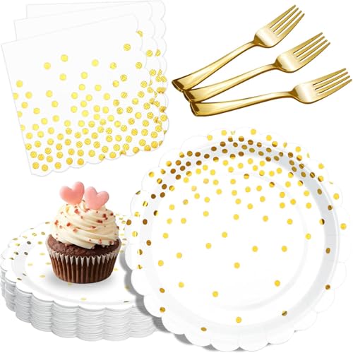 LOOWVY Gold Plates and Napkins Party Supplies, 35 7“ White and Gold Party Paper Plates, Disposable Plate for Wedding Birthday Birthday Decoration Tableware - Image 1