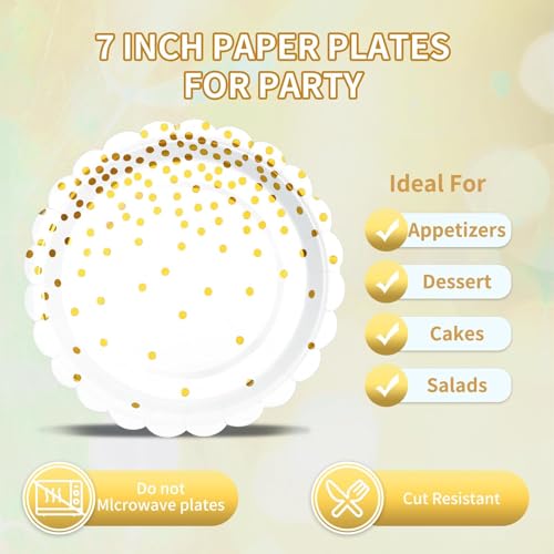LOOWVY Gold Plates and Napkins Party Supplies, 35 7“ White and Gold Party Paper Plates, Disposable Plate for Wedding Birthday Birthday Decoration Tableware - Image 4