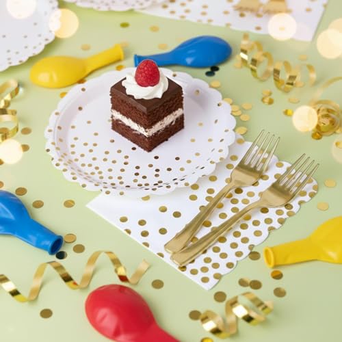 LOOWVY Gold Plates and Napkins Party Supplies, 35 7“ White and Gold Party Paper Plates, Disposable Plate for Wedding Birthday Birthday Decoration Tableware - Image 2