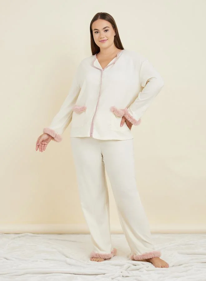 Styli Plus Faux Fur Trim Piped Edge Shirt & Pyjama Set