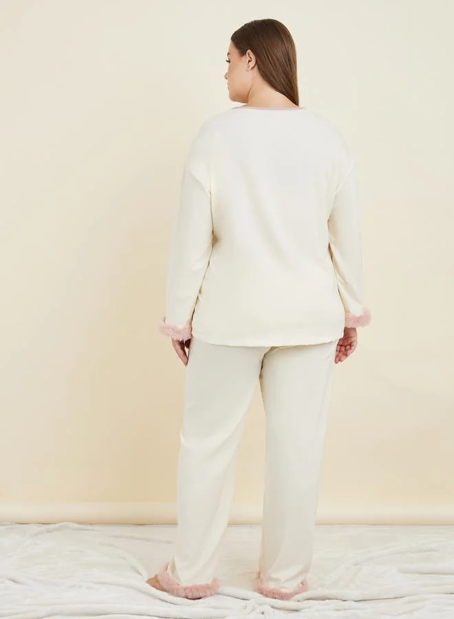 Styli Plus Faux Fur Trim Piped Edge Shirt & Pyjama Set