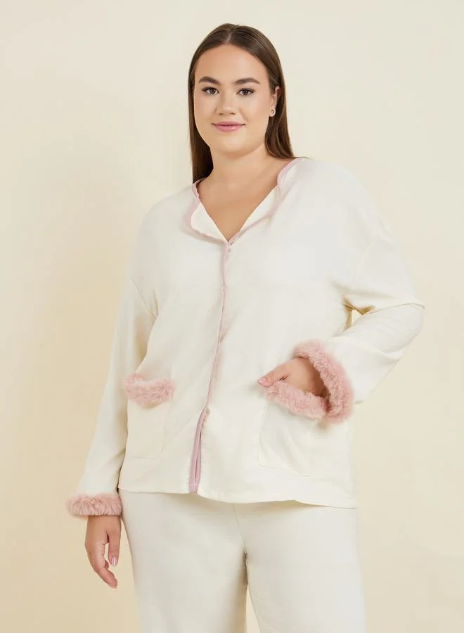 Styli Plus Faux Fur Trim Piped Edge Shirt & Pyjama Set