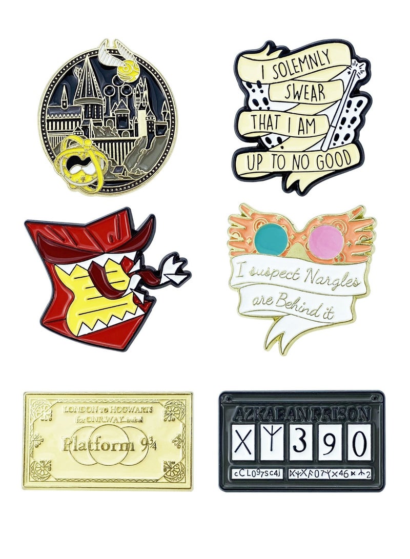 إعادة الصياغة 6 قطع دبابيس/بروشات/شارات مينا بتصميم هاري بوتر للسترات وحقائب الظهر والحقائب والقبعات ولوحات الدبابيس | قلعة هوجورتس، هوولر، مارودرز - Image 1