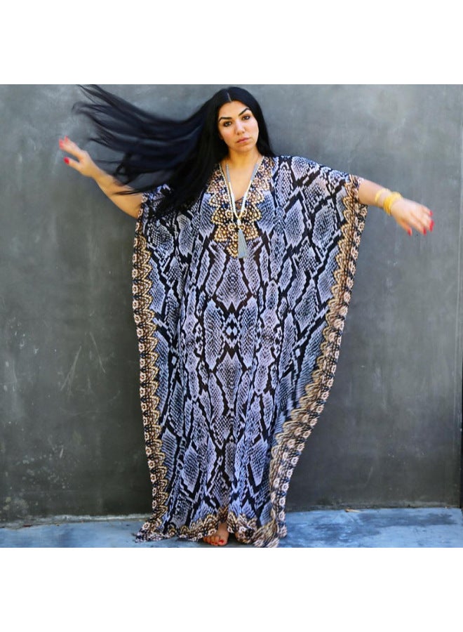 European And American Polyester Printed Beach Dress Loose Bikini Swimsuit Cover Shirt Seaside Vacation Sun Protection Shirt For Women-Color:Black And Blue Snake Pattern (ZS1856-12)-  - Image 1
