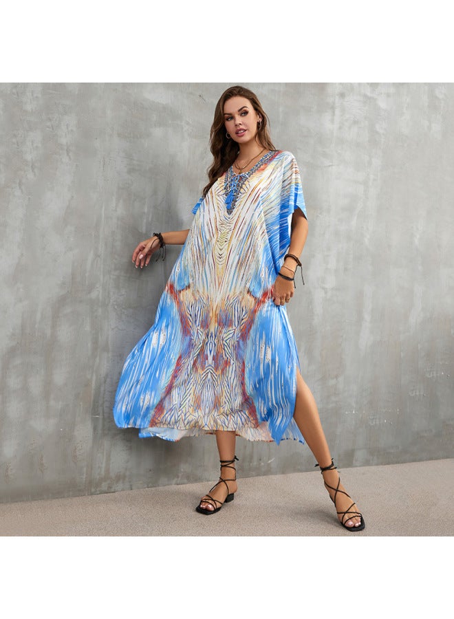 European And American Polyester Printed Beach Dress Loose Bikini Swimsuit Cover Shirt Seaside Vacation Sun Protection Shirt For Women-Color:Black And Blue Snake Pattern (ZS1856-12)-  - Image 5