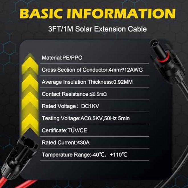 OWINUSTECH 3Ft Solar Cable Solar Extension Cable,12AWG Solar Panel Extension Cable with Female and Male Connectors,Waterproof Solar Extension Cable Kit (Red and Black). - Image 2