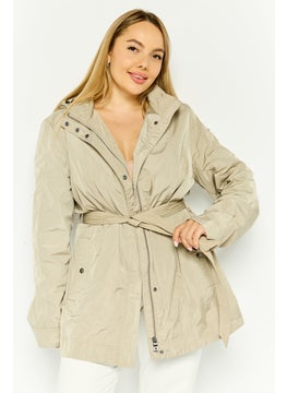 GEOX Women Solid Belted  Hooded  Jacket, Light Grey  - Image 1