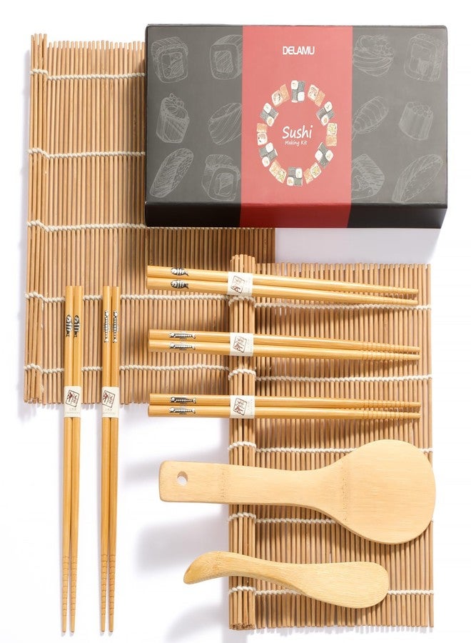 Delamu Sushi Making Kit, Delamu Bamboo Sushi Mat, Including 2 Sushi Rolling Mats, 5 Pairs of Chopsticks, 1 Paddle, 1 Spreader, 1 Beginner Guide PDF, Beginner Sushi Kit, Sushi Plates - Image 1
