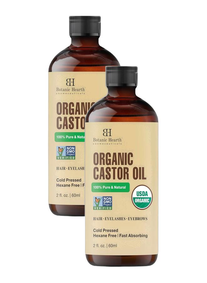 Botanic Hearth Pack of 2 - Organic Castor Oil 60 ML USDA Certified Organic |100% Pure & Hexane Free Cold Pressed Growth for Eyelashes, Eyebrows, Hair - Image 1