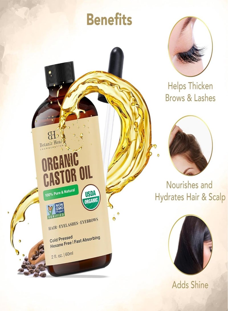 Botanic Hearth Pack of 2 - Organic Castor Oil 60 ML USDA Certified Organic |100% Pure & Hexane Free Cold Pressed Growth for Eyelashes, Eyebrows, Hair - Image 3