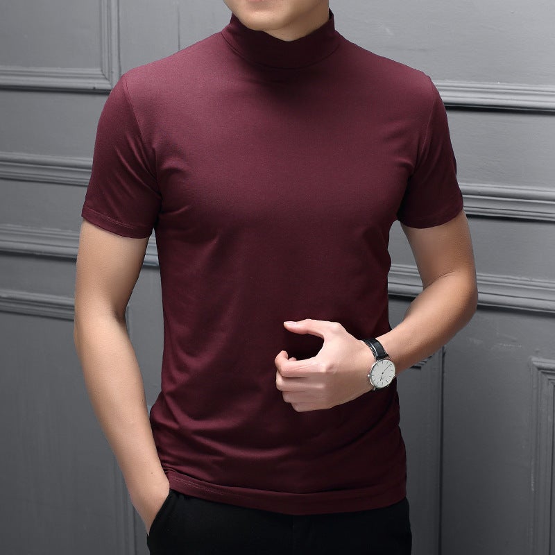 Mens Slim-fit Milk Silk High-Neck T-Shirt for Spring/Summer T32# wine red 