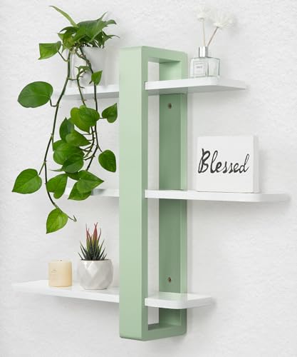 SUMGAR Green Floating Shelves for Wall Mounted Shelving Unit All Pine Wood 3 Tier Large Shelf for Bedroom Living Room Office Bathroom Home Decoration Storage Plant Photo Display Modern 20in Mint Green - Image 1